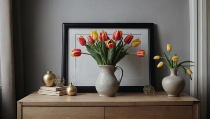 Empty frame with Beautiful vase with tulips on chest of drawers in living room