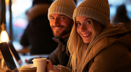 An European couple in a cafe in winter hat smiling with coffee cups and computers. Concepts of business and love. Can be used as blog and news image