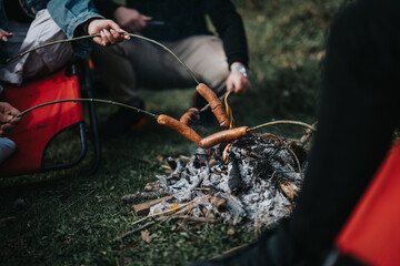 Close-up of sausages being roasted over a campfire by a group of friends in the outdoors - obrazy, fototapety, plakaty