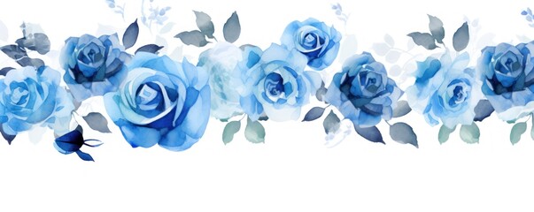 Sky Blue roses watercolor clipart on white background, defined edges floral flower pattern background with copy space for design text or photo backdrop minimalistic  - obrazy, fototapety, plakaty