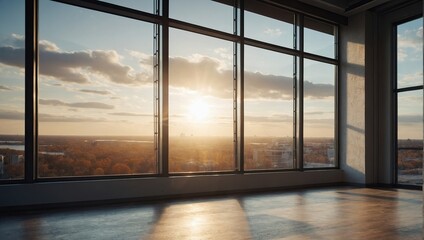 Fototapeta premium Empty wall in bright office mockup with large windows and sun passing