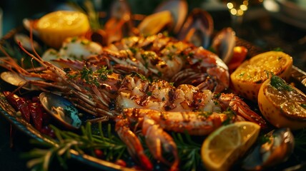 Obraz na płótnie Canvas A sumptuous platter of freshly grilled seafood, adorned with vibrant herbs and citrus slices, glistening under perfect lighting that enhances every detail. 