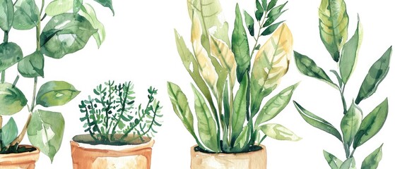 Watercolor series of house plants in pots, focusing on greenery and home decor