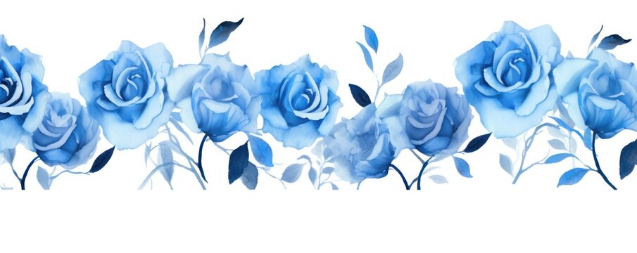Sky Blue roses watercolor clipart on white background, defined edges floral flower pattern background with copy space for design text or photo backdrop minimalistic 