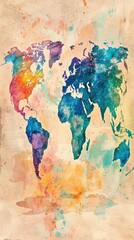 Detailed watercolor map of the world, featuring vibrant continents on a textured background