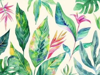 Watercolor botanical prints featuring a series of tropical leaves and flowers