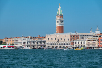 Sea view of the Campanile bell tower on St. Mark's square in center of Venice, Italy - 779005828