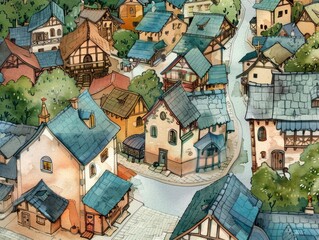 Obraz premium Watercolor illustration of a bakery window, with bread, cakes, and pastries