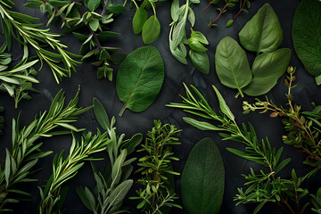 Minimalist flat lay arrangement of assorted fresh herbs, offering versatility and simplicity for culinary concepts - obrazy, fototapety, plakaty