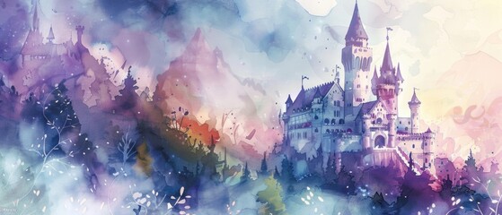 Watercolor illustration of a fairy tale castle, with magical surroundings