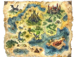 Watercolor illustration of a fantasy map, with mythical lands and creatures