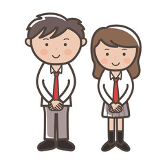 前で手を重ねる制服姿のかわいい男女高校生カップルのイラスト