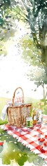 Watercolor illustration of a picnic basket on a sunny day, with a checkered blanket