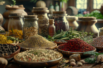 A vibrant assortment of spices and herbs, arranged artfully for culinary inspiration and kitchen decor