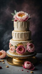 A sophisticated three-tiered cake adorned with gold trim and large peony flowers, presented on a golden stand