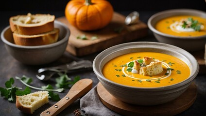 Pumpkin soup served in ceramic bowls, garnished with cream and herbs, accompanied by sliced baguette