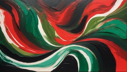 An abstract painting featuring swirling patterns of red, green, and black evoking energy and a sense of movement