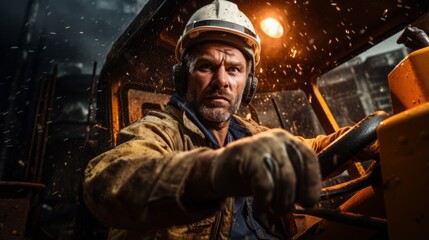 Portrait of a male construction worker wearing a hard hat and safety glasses, operating heavy machinery at a construction site.