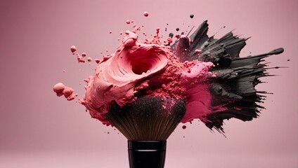 A dynamic composition capturing a pink makeup powder bursting from a brus, symbolizing transformation and power - obrazy, fototapety, plakaty
