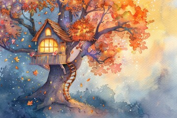 Fototapeta na wymiar Watercolor illustration of a whimsical treehouse, hidden among the leaves