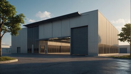 Obraz premium Exterior commercial building, May called modern factory, warehouse, hangar, shop or garage. Include metal door or roller shutter, empty concrete floor