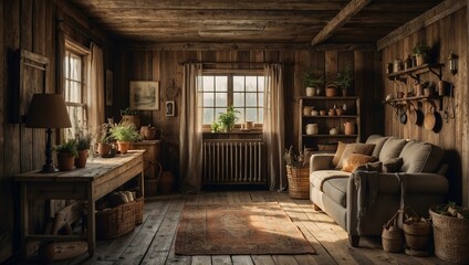 Fototapeta na wymiar Warm light fills a cozy, rustic cabin interior, featuring wooden textures and a variety of plants