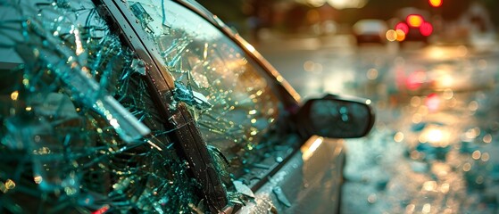 Smashed Car Window After Theft, Evening City Chaos Framed. Concept Theft, Vandalism, Crime Scene, Security Concerns, Urban Destruction