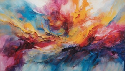A vibrant explosion of red, blue, yellow, and pink hues blend in a mesmerizing abstract fluid art painting depicting emotion and motion - obrazy, fototapety, plakaty