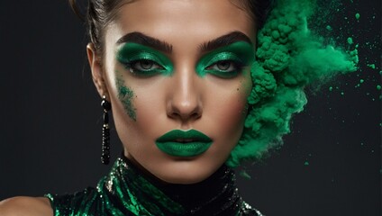 Close-up of a woman with vibrant green eyeshadow and powder explosion, dark background enhancing dramatic effect