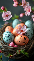 Easter background for phone, colorful easter eggs in a nest and spring blossom around 9*16