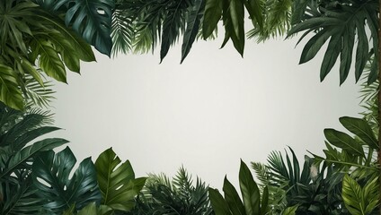 Lush green tropical leaves creating a natural frame with a central blank space for design or text addition