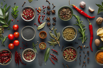 Flat lay arrangement of assorted spices and herbs, perfect for culinary inspiration and food styling