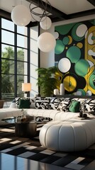 Modern living room interior design with green accent wall and large windows