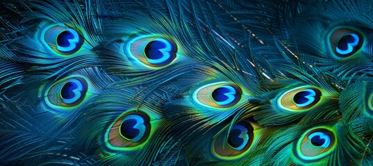 peacock feathers with blue eyes on a textured background. Colorful bird feather wallpaper design for printing on fabric or textile.