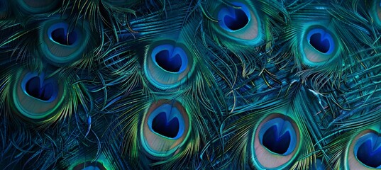 Fototapeta premium peacock feathers with blue eyes on a textured background. Colorful bird feather wallpaper design for printing on fabric or textile.