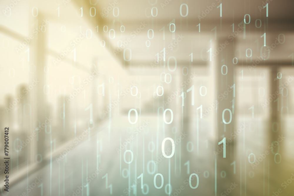 Leinwandbilder double exposure of abstract virtual binary code hologram on empty modern office background. database