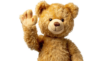 Sweet teddy bear waving his paw on a white background.