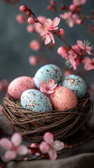 Naklejka na ściany i meble Easter background for phone, colorful easter eggs in a nest and spring blossom around 9*16