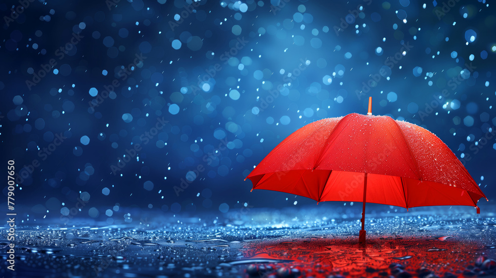 Poster a red umbrella in the rain on a wet surface. the umbrella is open and the rain is falling on it. the