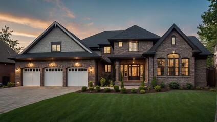 Luxury house exterior with brick and siding trim and double garage
