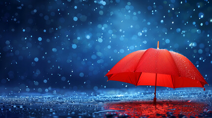 A red umbrella in the rain on a wet surface. The umbrella is open and the rain is falling on it. The scene is peaceful and calming. Springtime rainy season conceptual background. Rain pouring
