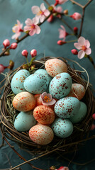 Obraz premium Easter background for phone, colorful easter eggs in a nest and spring blossom around 9*16
