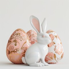 Easter white porcelain bunny with eggs on a light background.