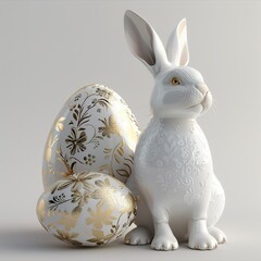 Easter white porcelain bunny and eggs with gold floral ornament on a light background.