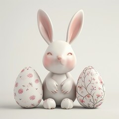 Easter white porcelain bunny with eggs on a light background.