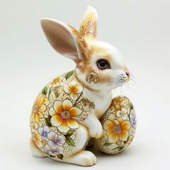 Easter porcelain bunny and egg on a light background. Home decor.