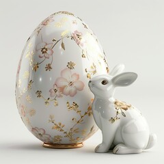 Easter porcelain bunny and egg on a light background. Home decor.