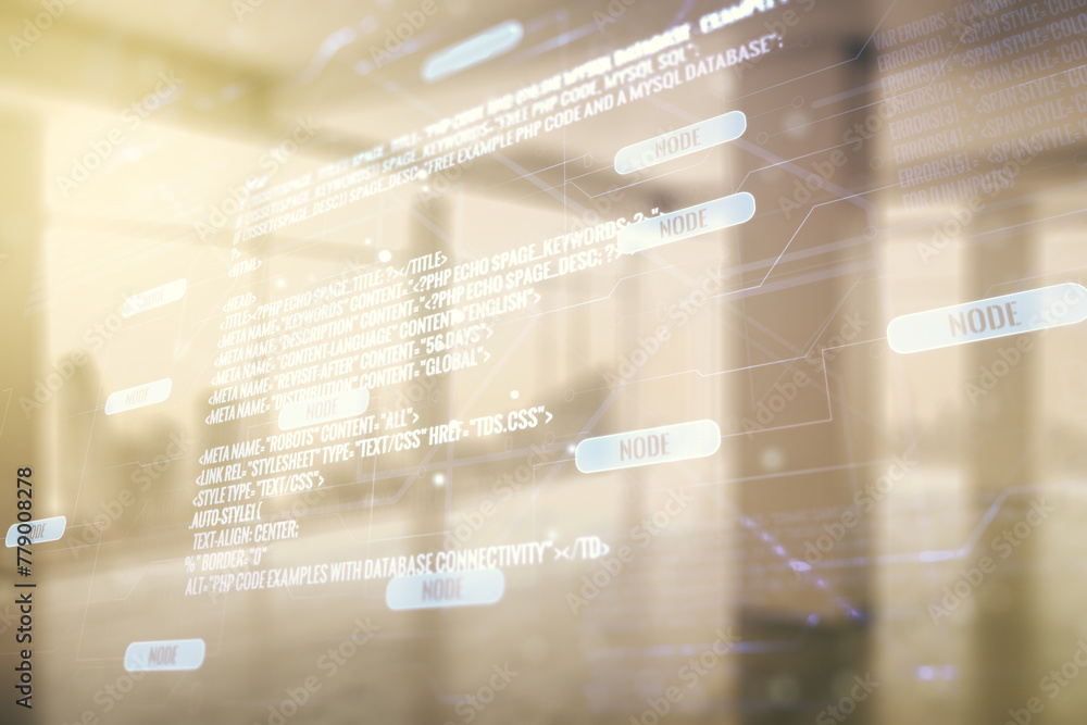 Aufkleber Double exposure of abstract creative programming illustration on empty room interior background, big data and blockchain concept
