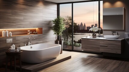 Luxury bathroom with a view of the city - obrazy, fototapety, plakaty