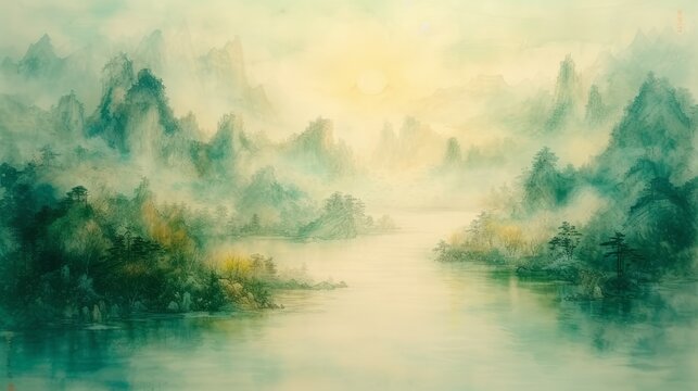Misty green landscape painting of mountains and lake